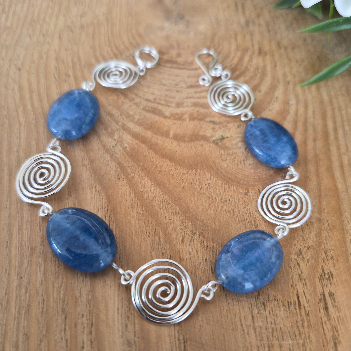 Aquamarine Silver Spiral Bracelet, Handmade Wire Jewellery, Gift for Her