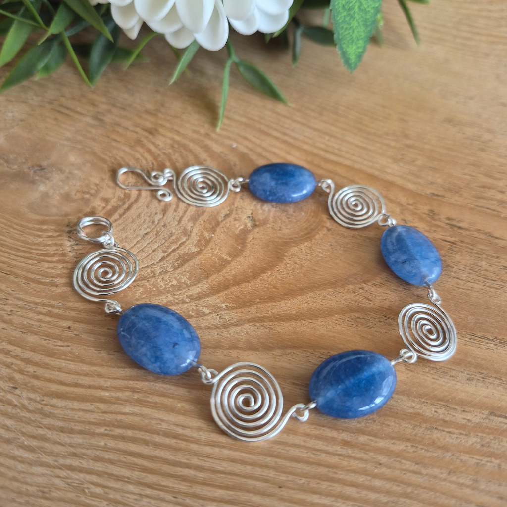 Aquamarine Silver Spiral Bracelet, Handmade Wire Jewellery, Gift for Her