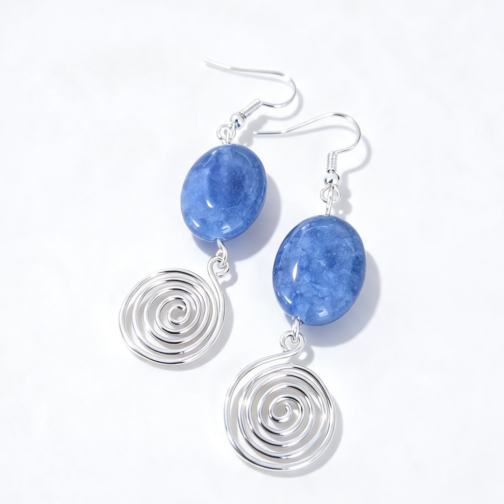 Blue Aquamarine Open Silver Spiral Earrings, Handmade Gemstone Drop Earrings, Gift for Her