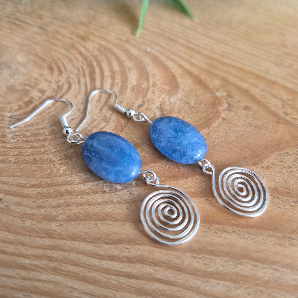 Blue Aquamarine Open Silver Spiral Earrings, Handmade Gemstone Drop Earrings, Gift for Her