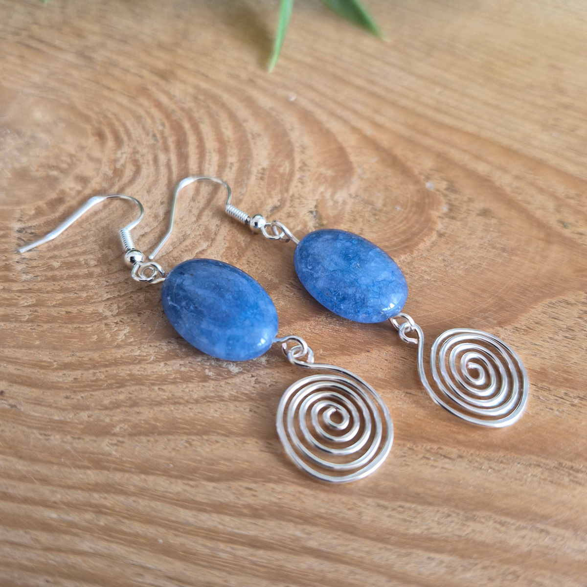 Blue Aquamarine Open Silver Spiral Earrings, Handmade Gemstone Drop Earrings, Gift for Her