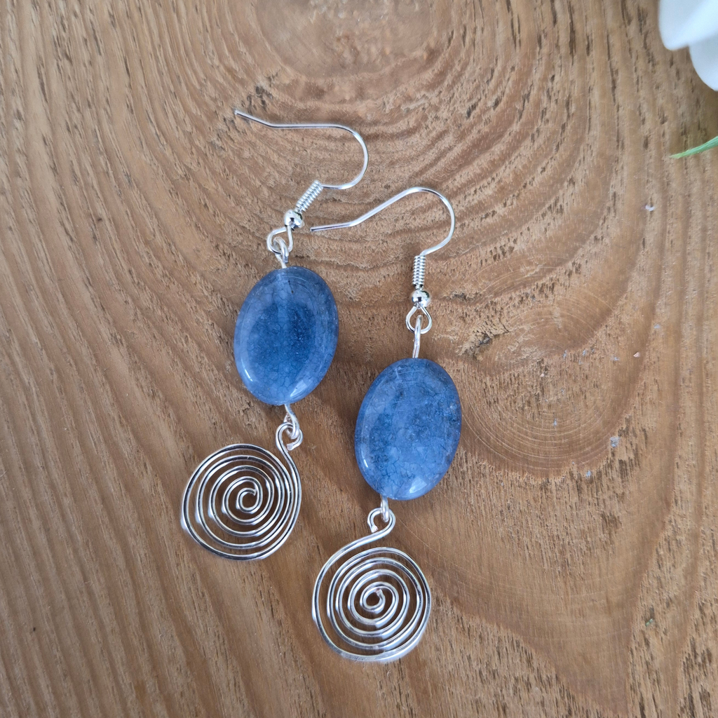 Blue Aquamarine Open Silver Spiral Earrings, Handmade Gemstone Drop Earrings, Gift for Her
