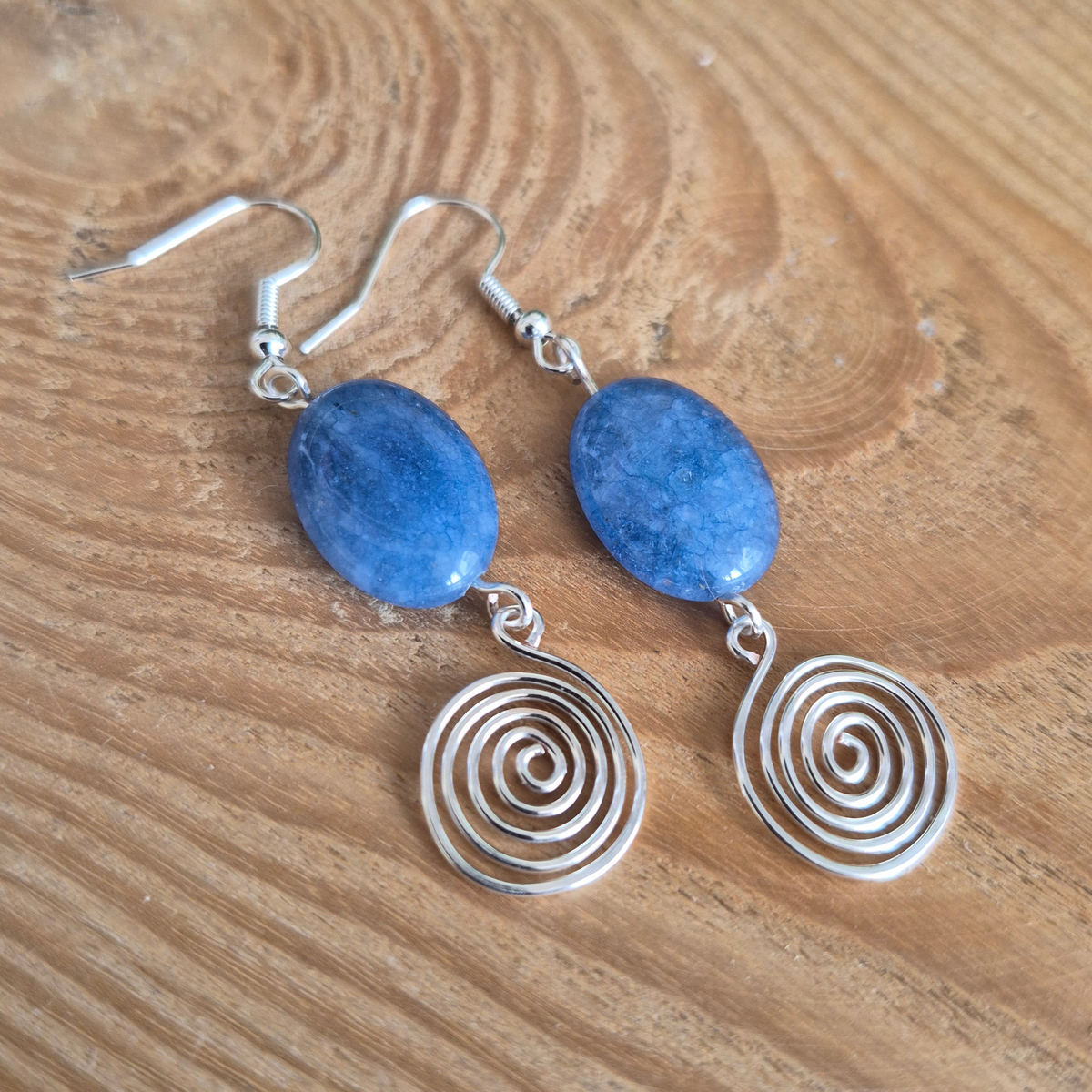Blue Aquamarine Open Silver Spiral Earrings, Handmade Gemstone Drop Earrings, Gift for Her