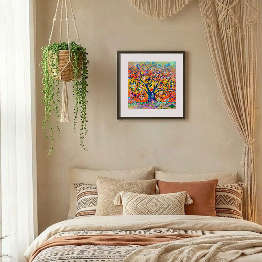 Decorative bedroom with a bed, colorful wall art, and hanging plant.