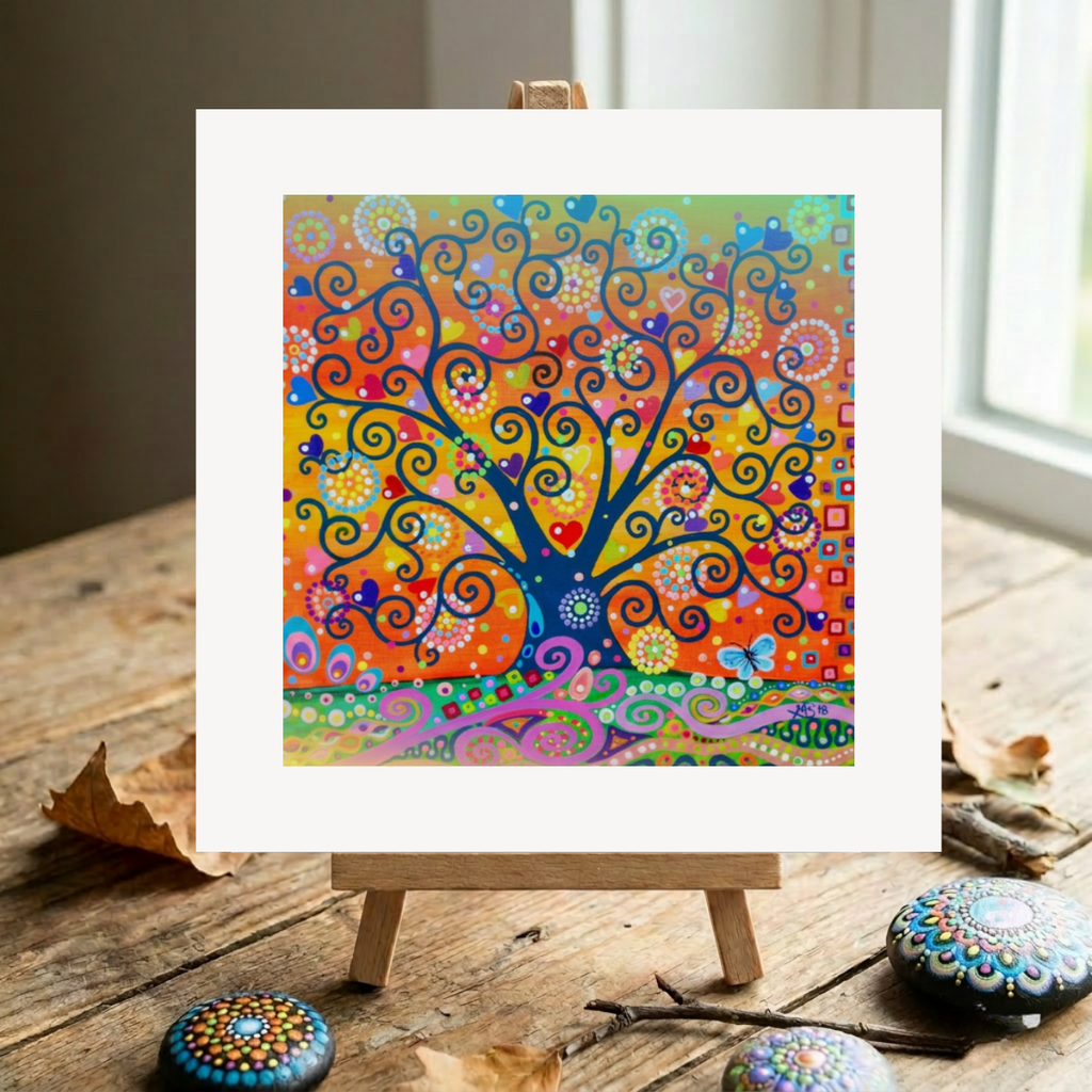 Colourful abstract tree painting on a wooden easel with decorative stones and twigs.