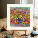 Colourful abstract tree painting on a wooden easel with decorative stones and twigs.