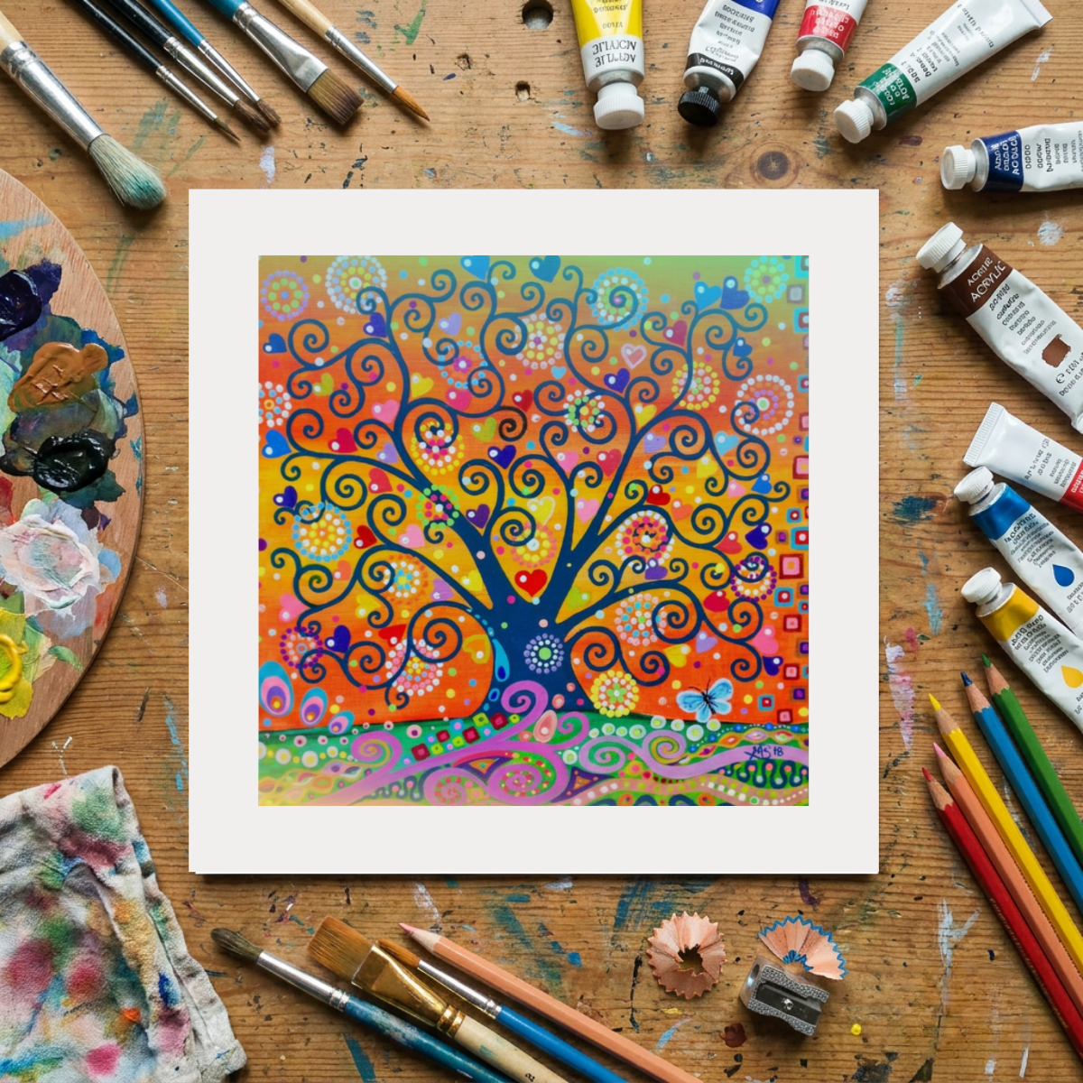 Colourful abstract artwork on a wooden surface with art supplies