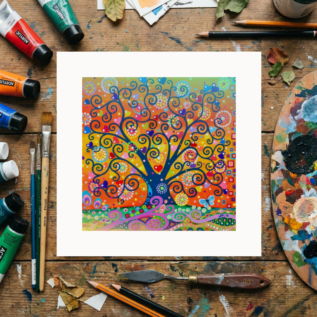 Colourful abstract artwork on a wooden surface with art supplies.