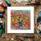 Colourful abstract artwork on a wooden surface with art supplies.