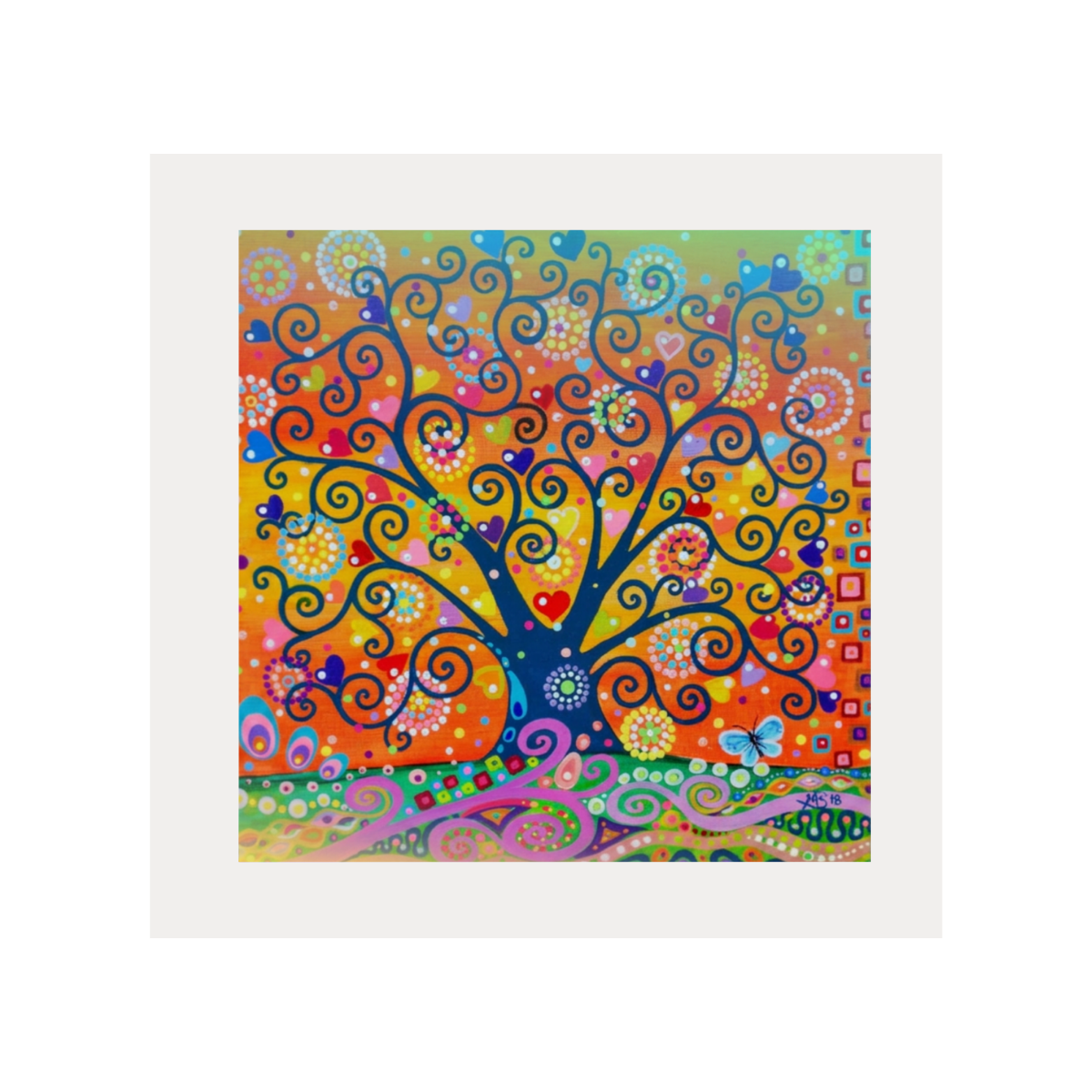 Colourful abstract artwork with a tree design on a white background