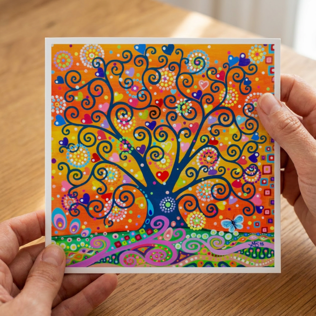 Colourful tree of life design on a card held by hands on a wooden surface