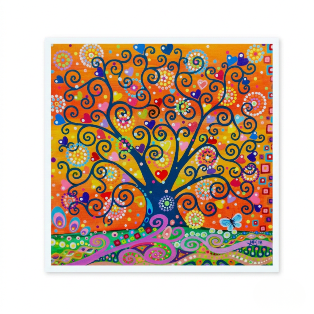 Colourful abstract artwork greeting card with a tree of life design on an orange background