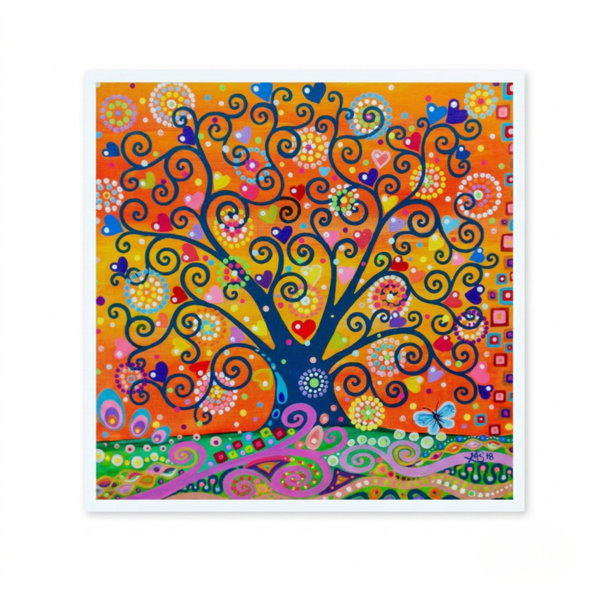 Colourful abstract artwork greeting card with a tree of life design on an orange background