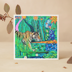 Colourful painting of a tiger by a pond with dragonflies and flowers on a beige background