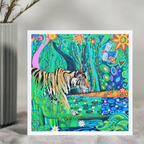 Colorful card with a tiger in a stylized natural setting