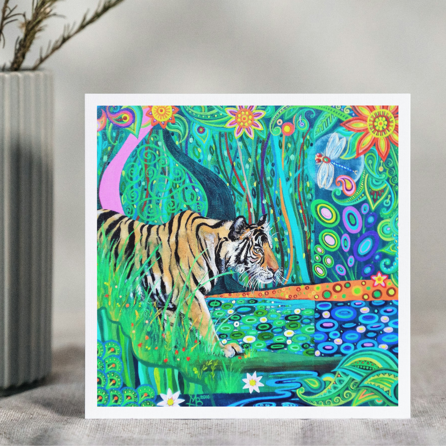 Colorful card with a tiger in a stylized natural setting