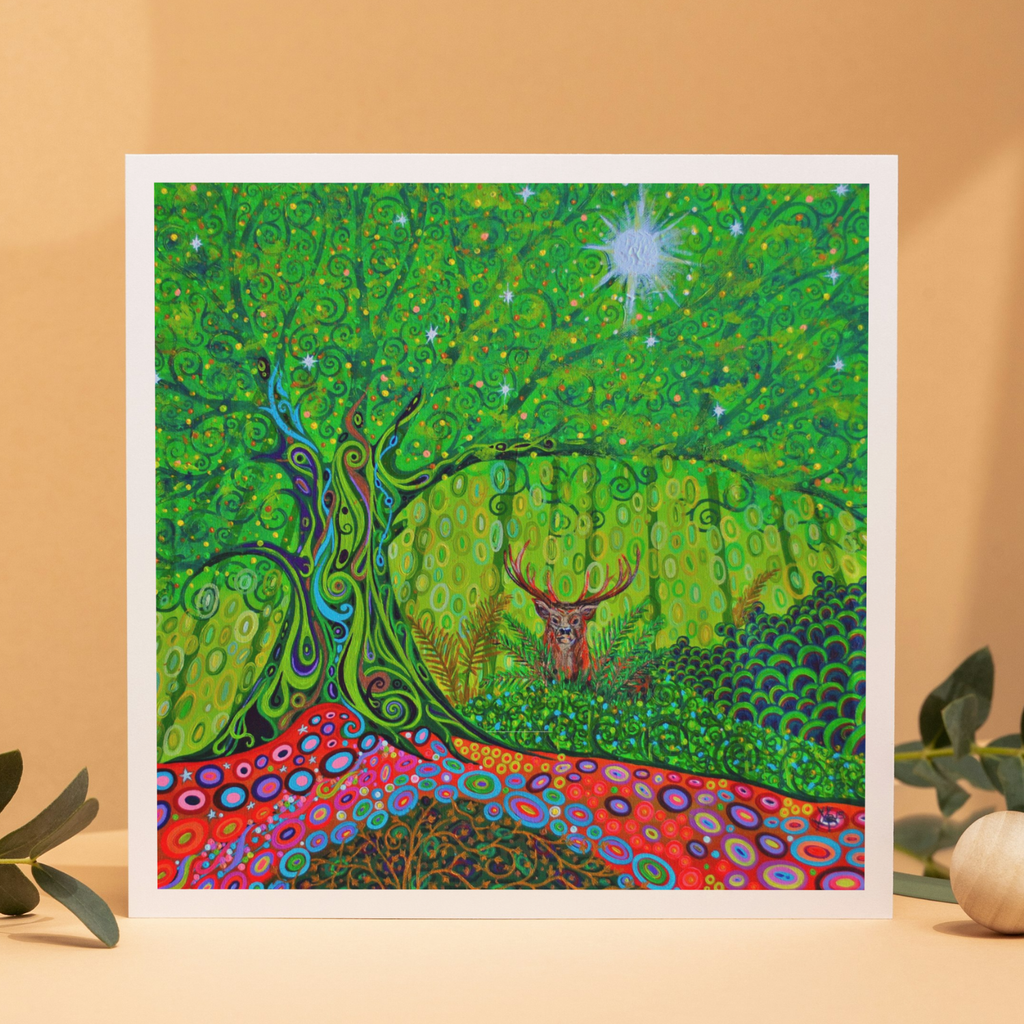 Framed artwork of a colorful forest scene with a deer, on a beige background.
