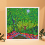 Framed artwork of a colorful forest scene with a deer, on a beige background.