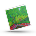 Colorful artwork of a deer in a forest on a white background