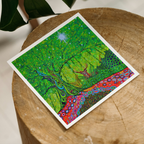Colorful abstract artwork on a wooden surface