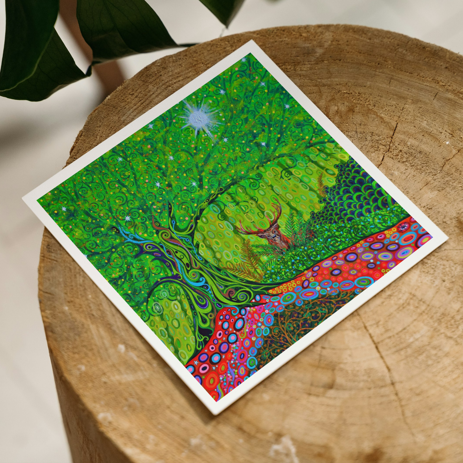 Colorful abstract artwork on a wooden surface