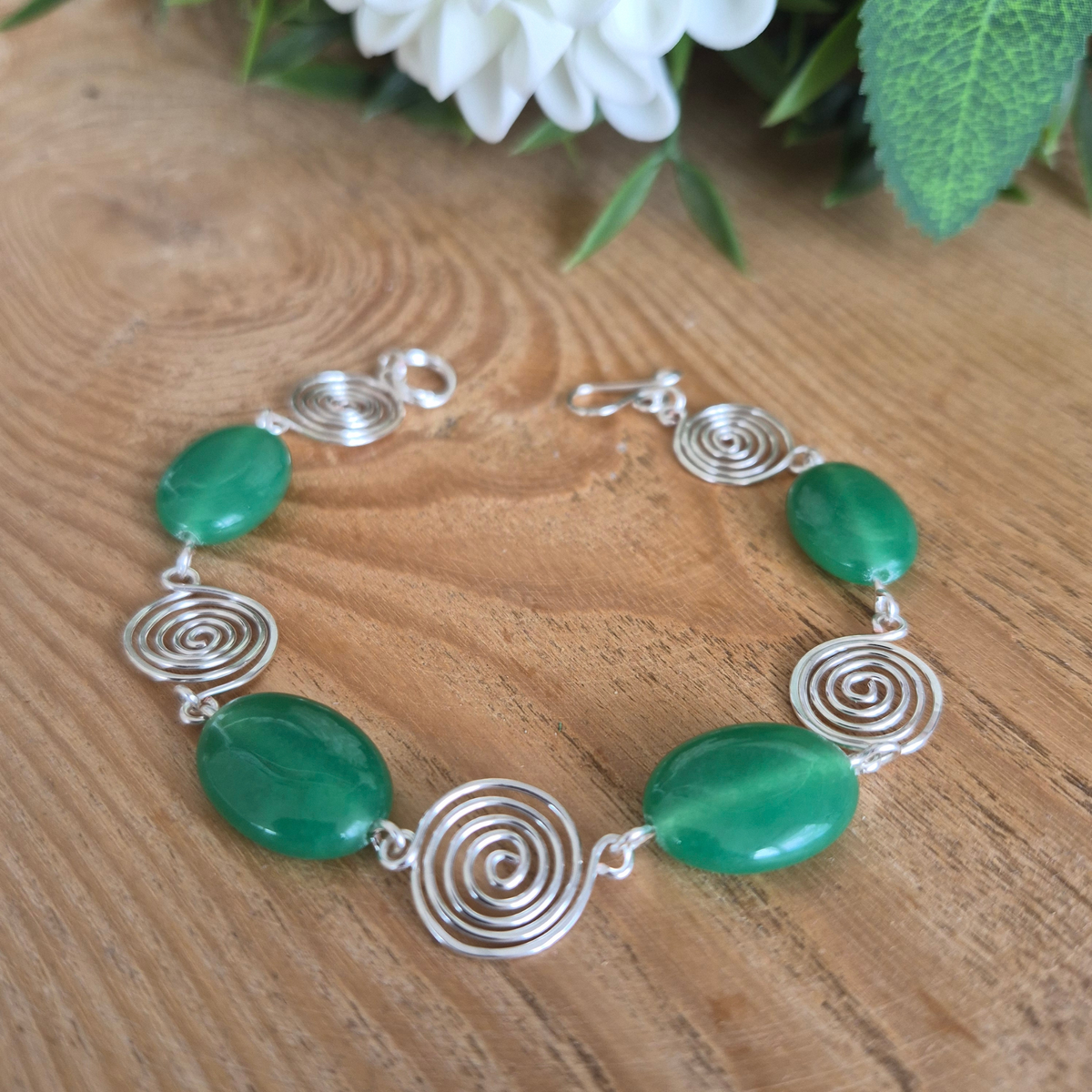 Green Aventurine Silver Spiral Bracelet, Handmade Wire Jewellery, Gift for Her