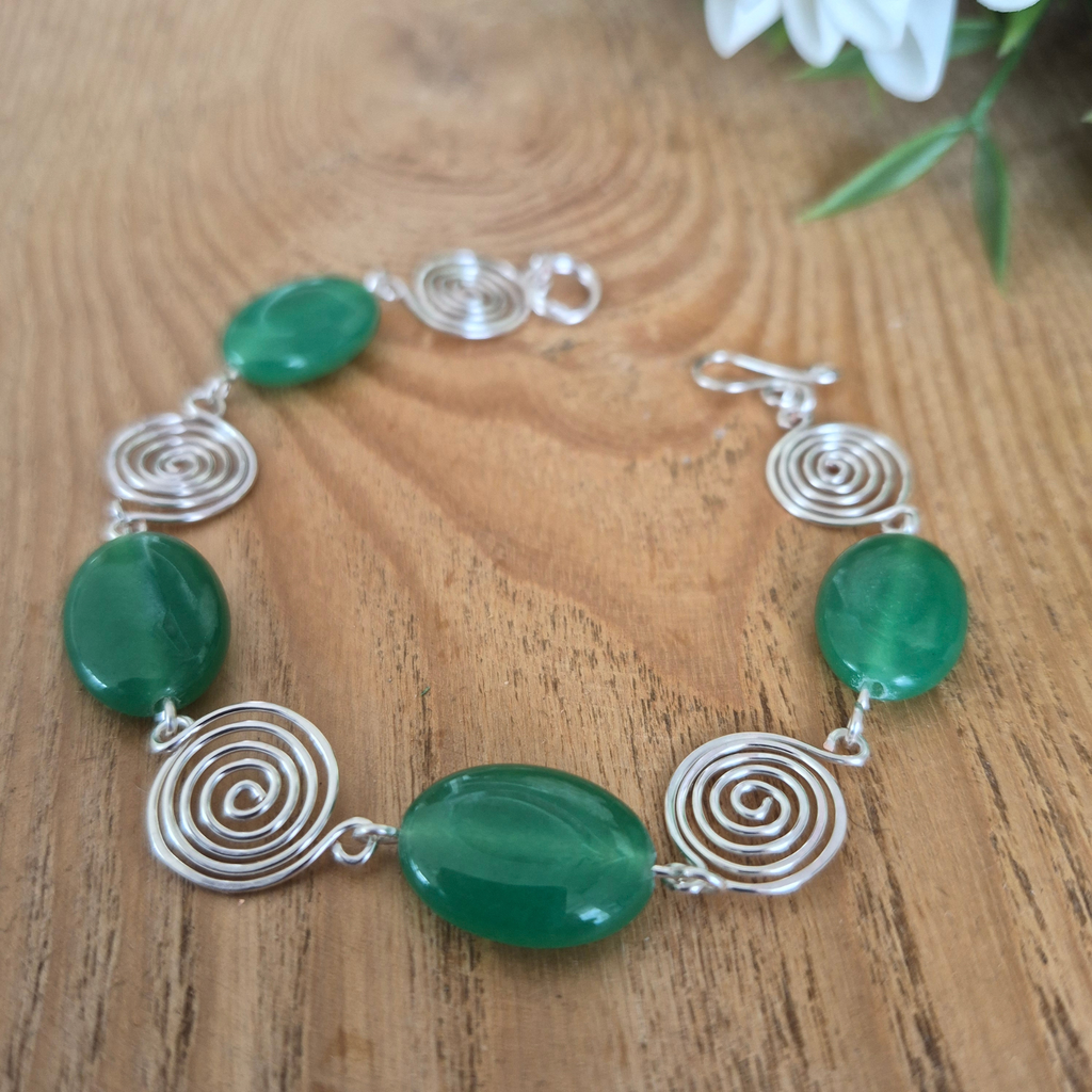Green Aventurine Silver Spiral Bracelet, Handmade Wire Jewellery, Gift for Her