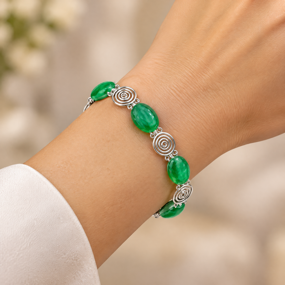 Green Aventurine Silver Spiral Bracelet, Handmade Wire Jewellery, Gift for Her