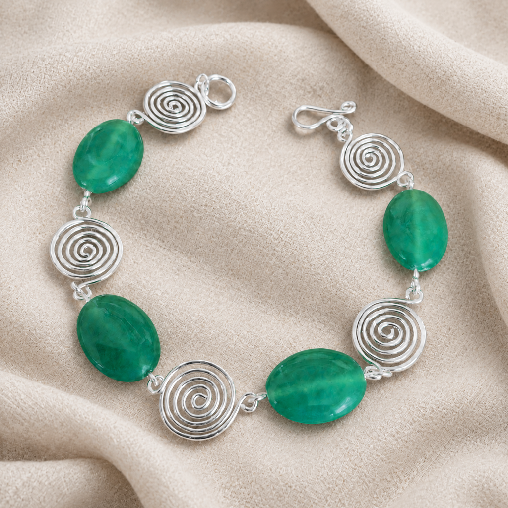 Green Aventurine Silver Spiral Bracelet, Handmade Wire Jewellery, Gift for Her