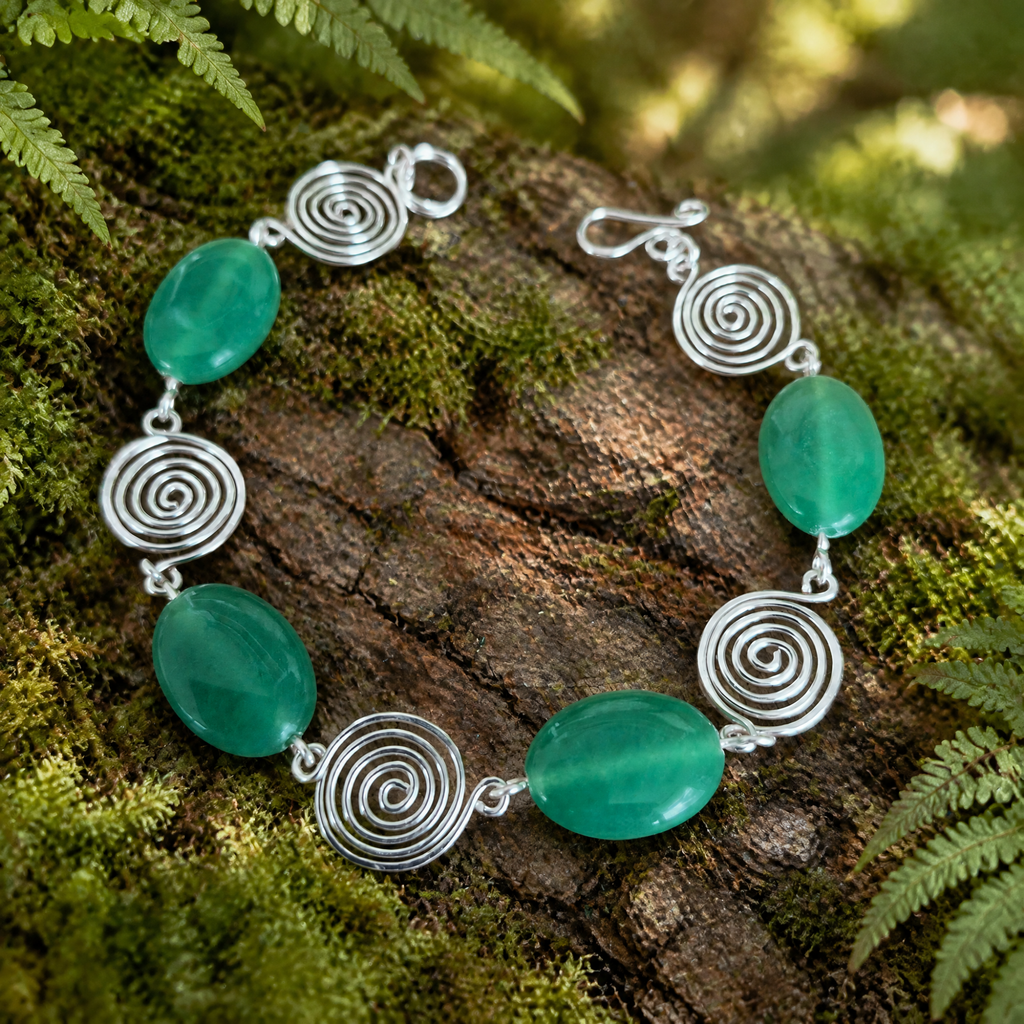 Green Aventurine Silver Spiral Bracelet, Handmade Wire Jewellery, Gift for Her