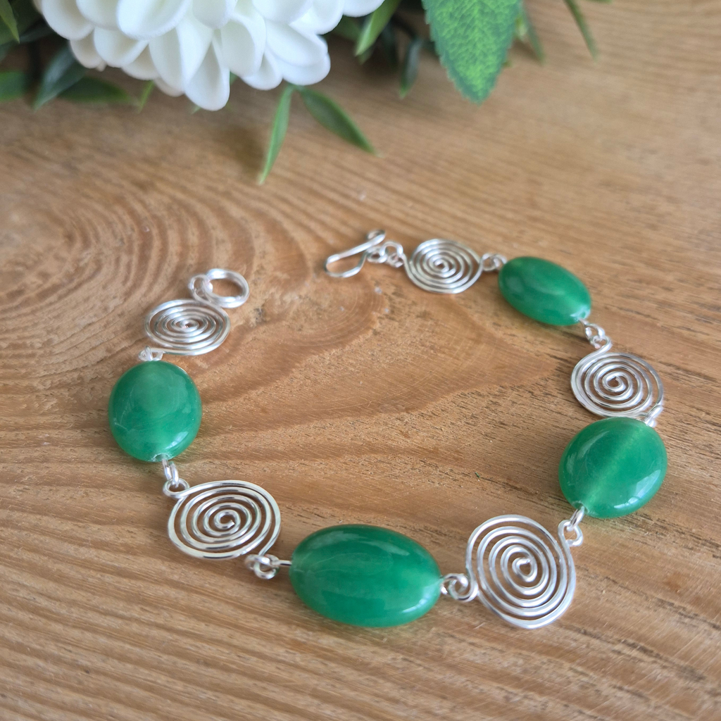 Green Aventurine Silver Spiral Bracelet, Handmade Wire Jewellery, Gift for Her