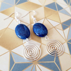 Earrings with blue stones and silver spiral designs on a geometric patterned background