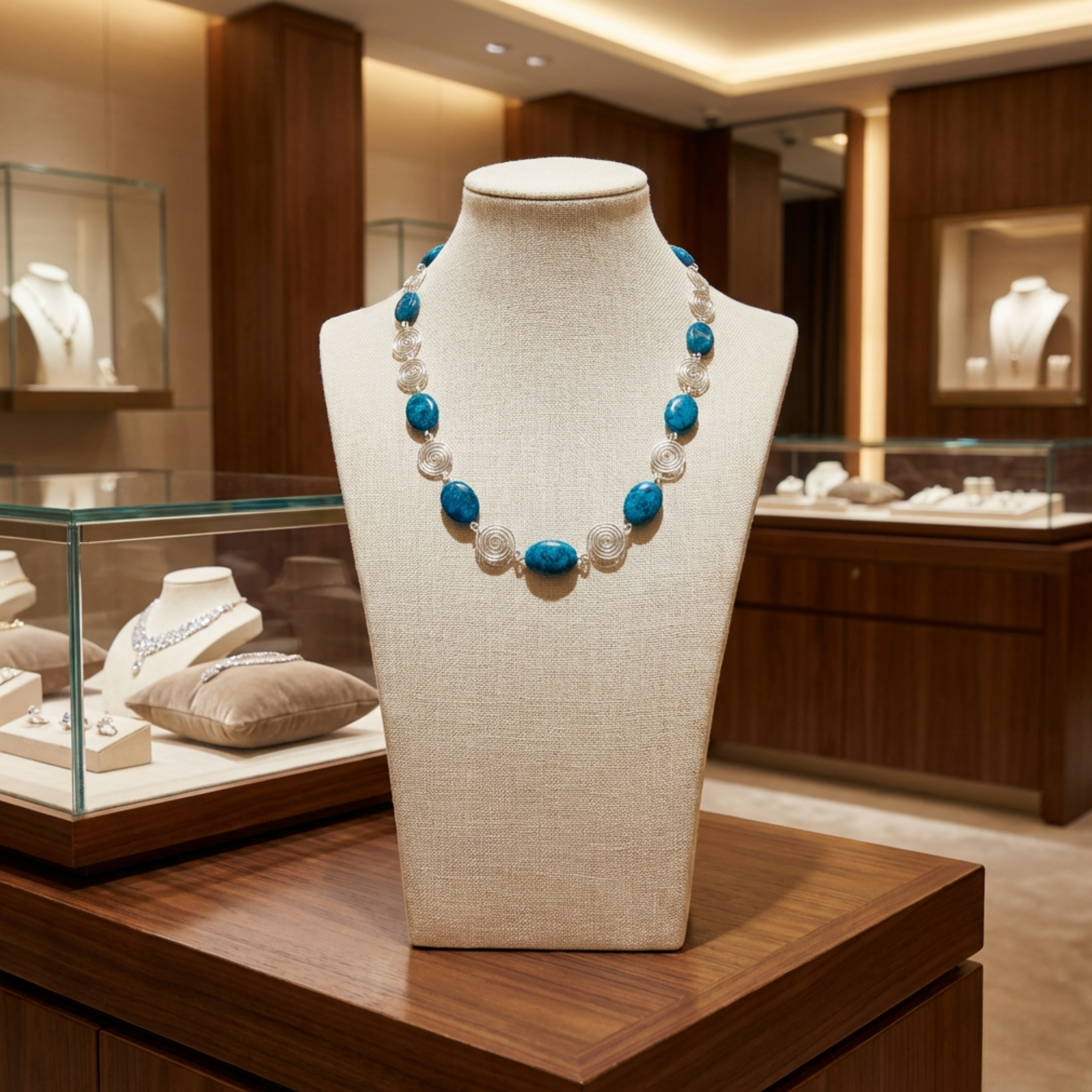 Silver spiral necklace with blue and green Azurite beads on a mannequin bust in a jewellery store setting.