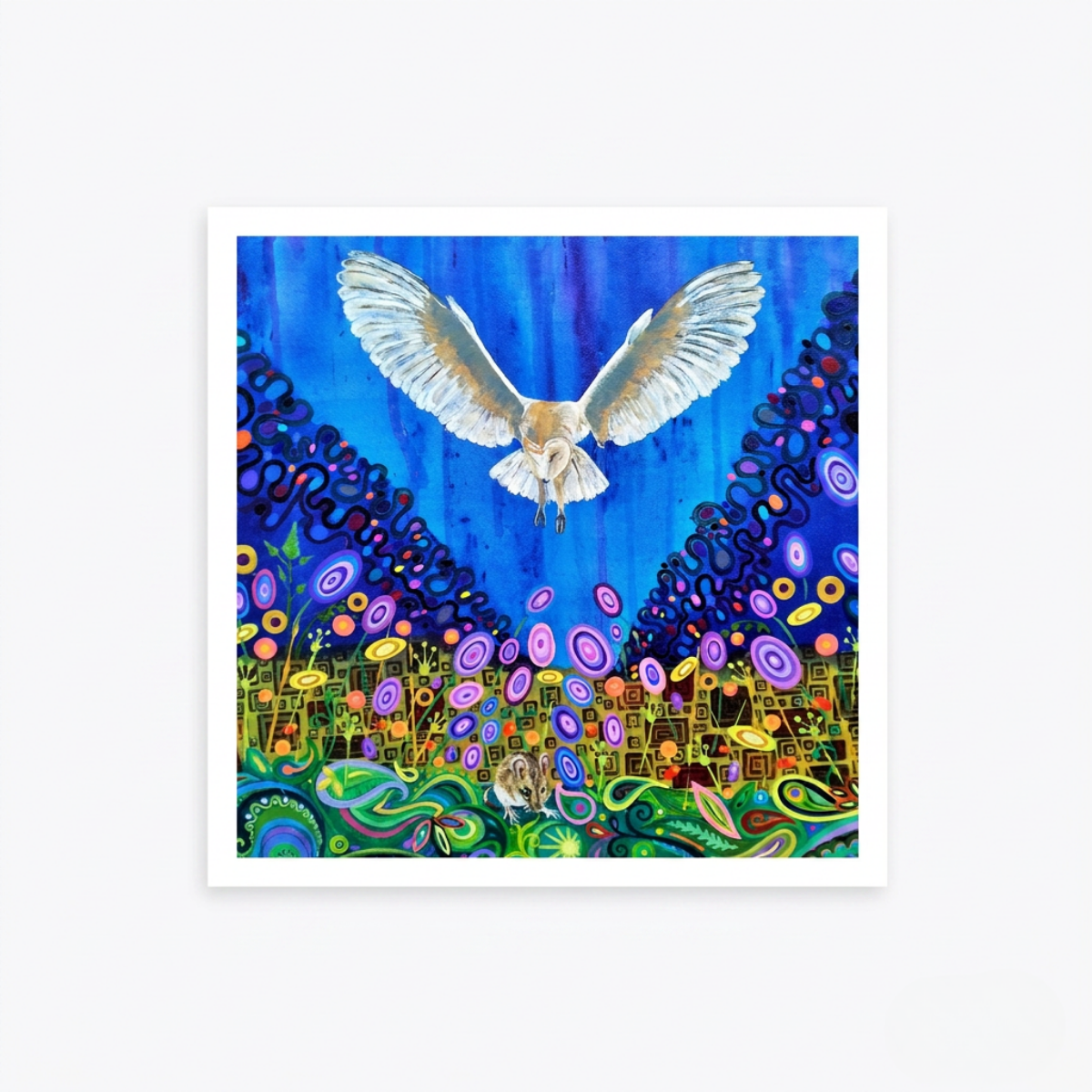 Colourful artwork of a bird flying over a vibrant, abstract landscape with flowers and patterns.