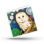 Greeting card with a barn owl illustration on a colourful orchard background