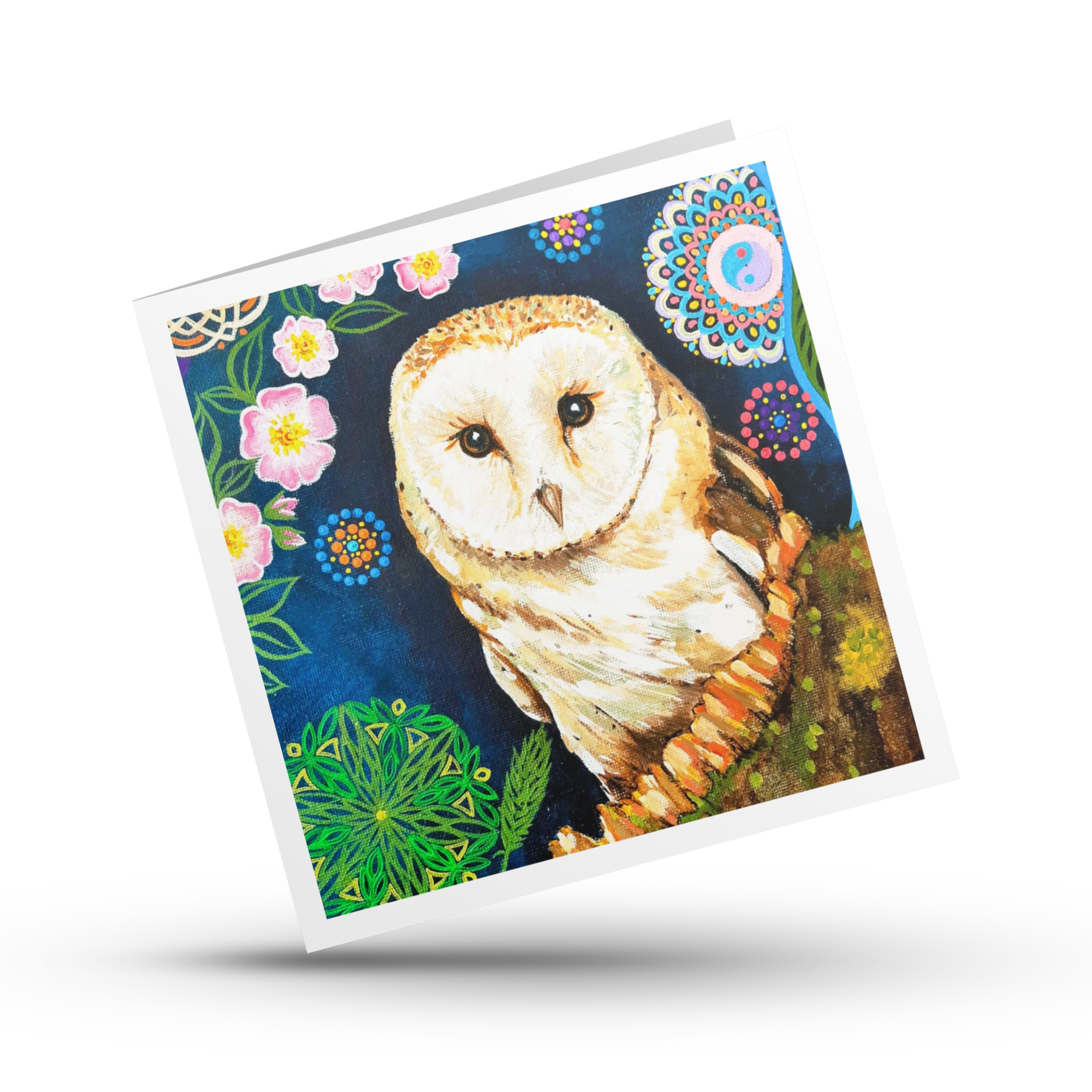 Greeting card with a barn owl illustration on a colourful orchard background