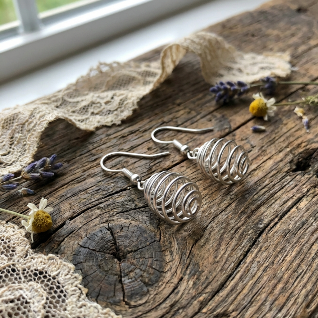 Silver wire-wrapped earrings on a wooden surface with lace and flowers.