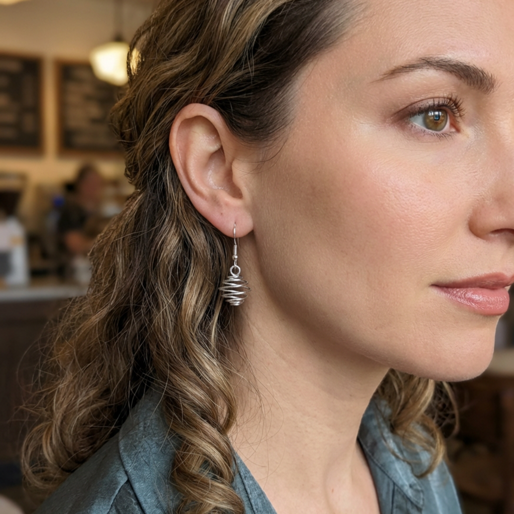 Close-up of a woman wearing a silver earring in an indoor setting