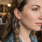 Close-up of a woman wearing a silver earring in an indoor setting
