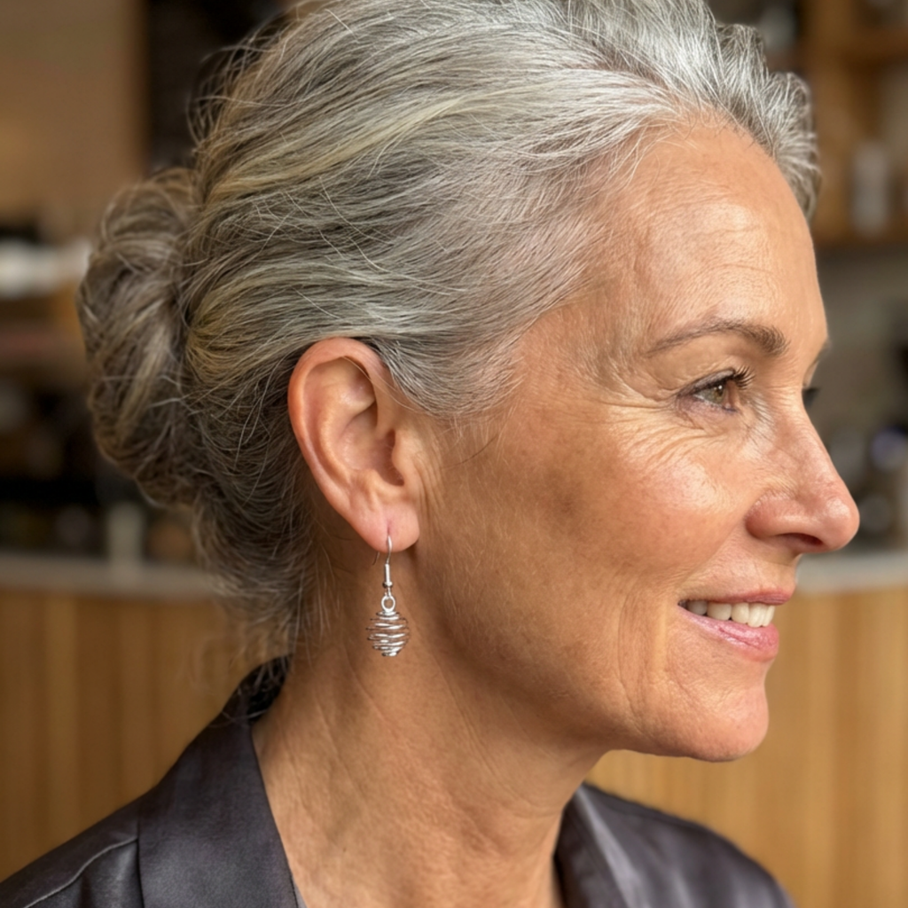 Woman with grey hair wearing  spiral earrings in a blurred indoor setting