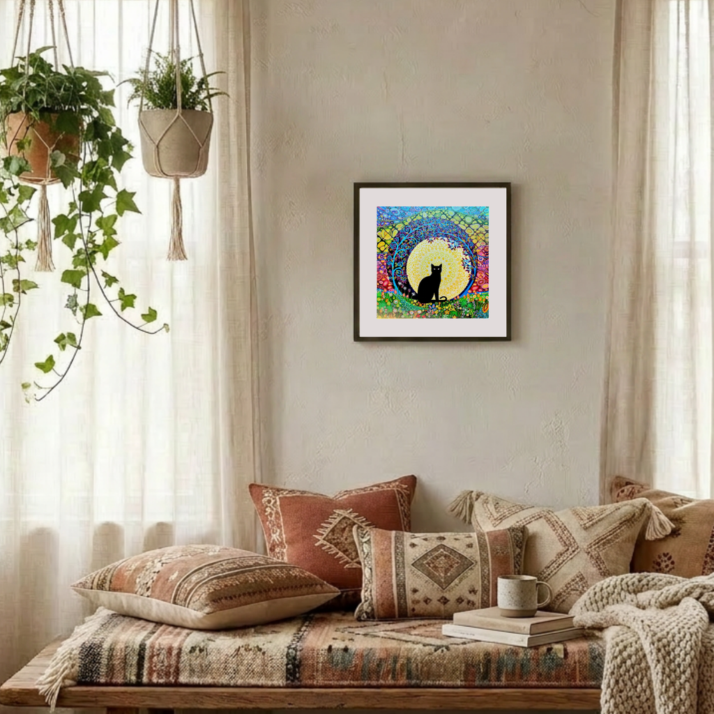 Black Cat Mandala Print Wall Art in boho sitting room