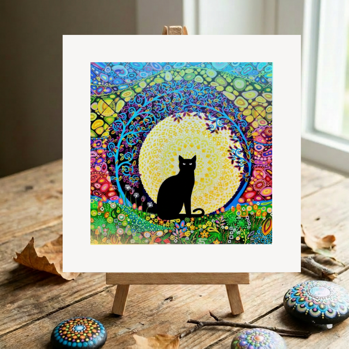 Colourful abstract artwork with a black cat silhouette on a wooden surface.
