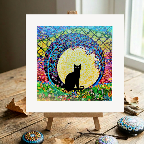 Colourful abstract artwork with a black cat silhouette on a wooden surface.