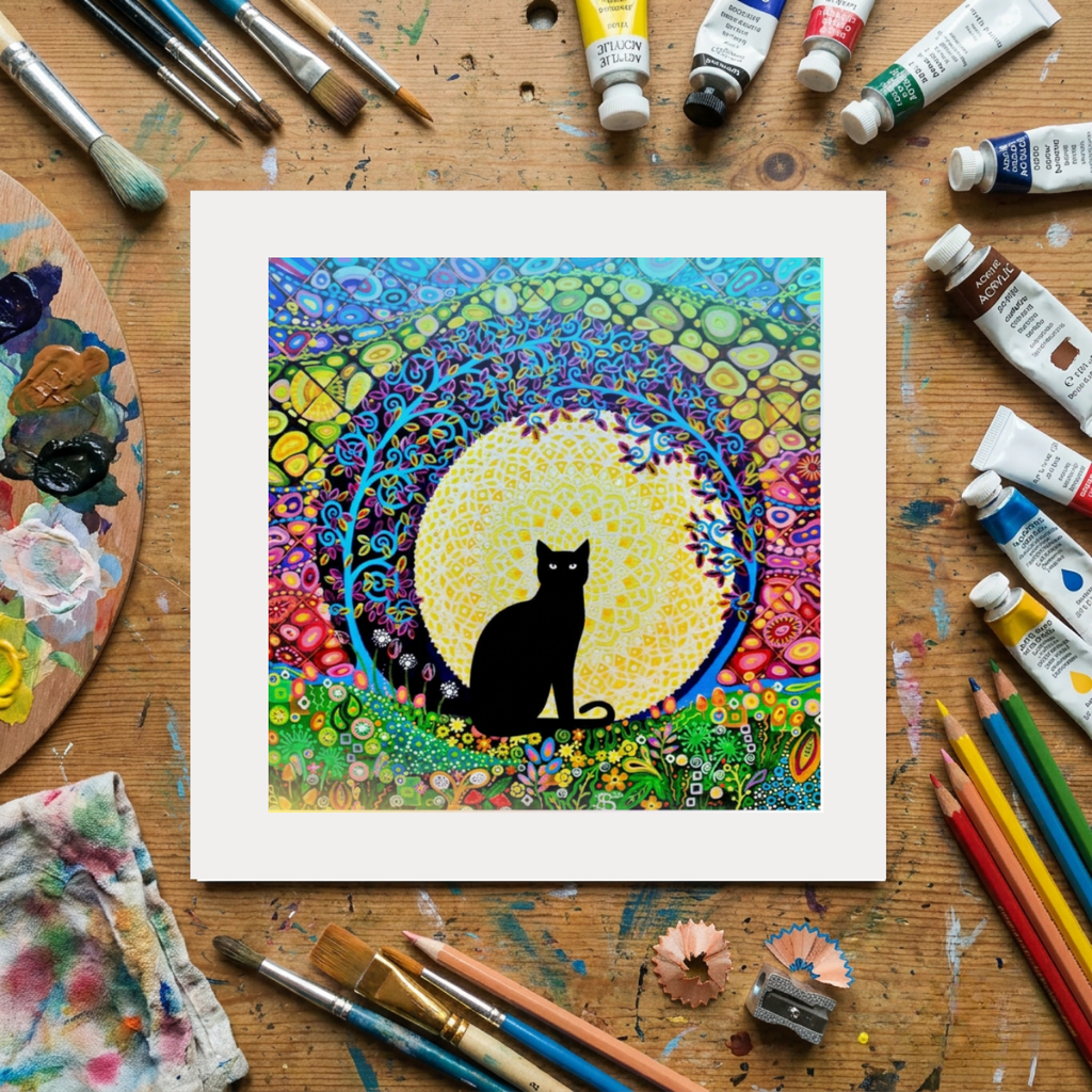 Colourful artwork of a black cat in a mandala on a wooden surface with art supplies.