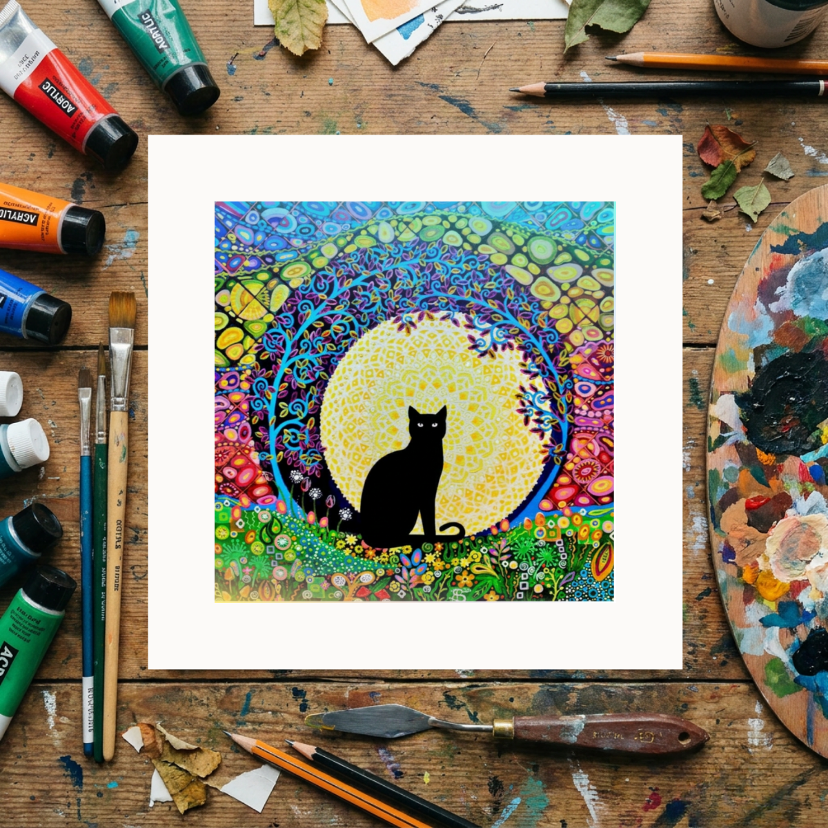 Colourful mandala-style artwork with a black cat on a wooden surface with art supplies.