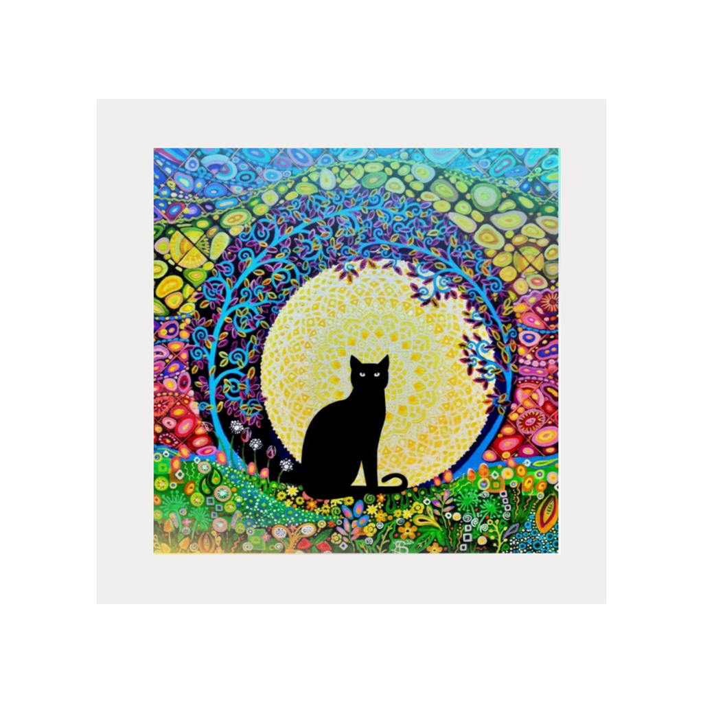Colourful artwork of a black cat sitting in a circular design with floral elements.