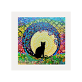 Colourful artwork of a black cat sitting in a circular design with floral elements.
