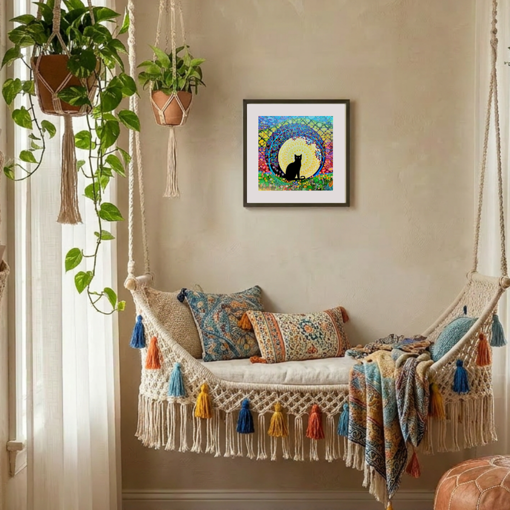 Decorative indoor swing with colourful tassels, cushions, and a framed artwork on the wall.