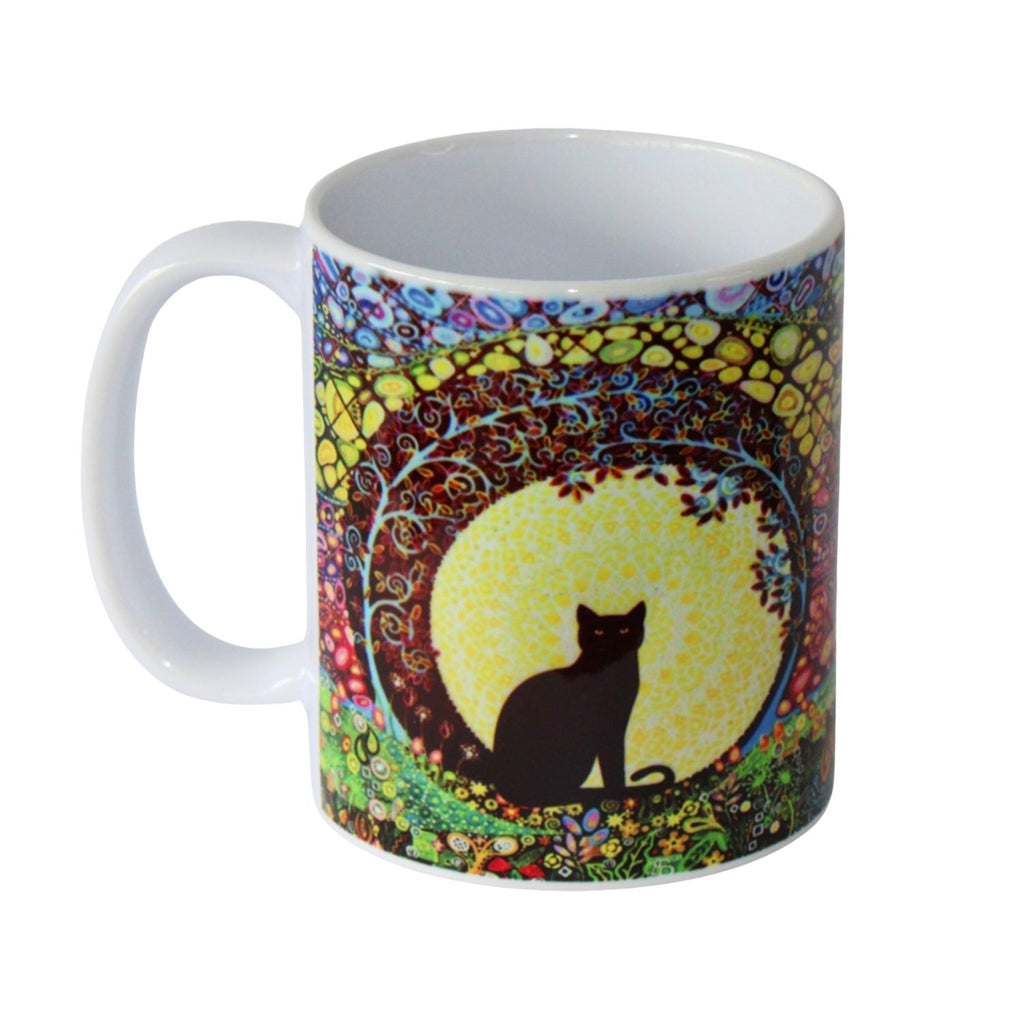 Mug with a colorful design featuring a cat silhouette against a moonlit sky on a white background
