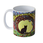 Mug with a colorful design featuring a cat silhouette against a moonlit sky on a white background